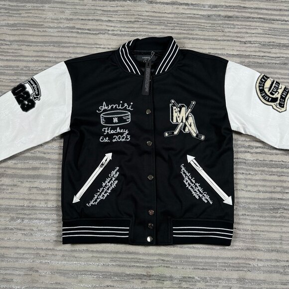 AMIRI Hockey Fighters Leather Jacket Black Mens Size Large
